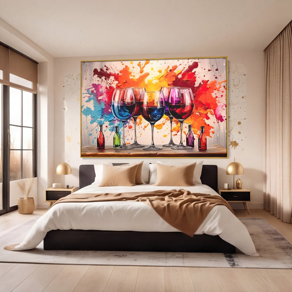 Tablou canvas cu pictura cu pahare de vin si pete, in rama de aluminiu auriu, pe perete intr-un dormitor
